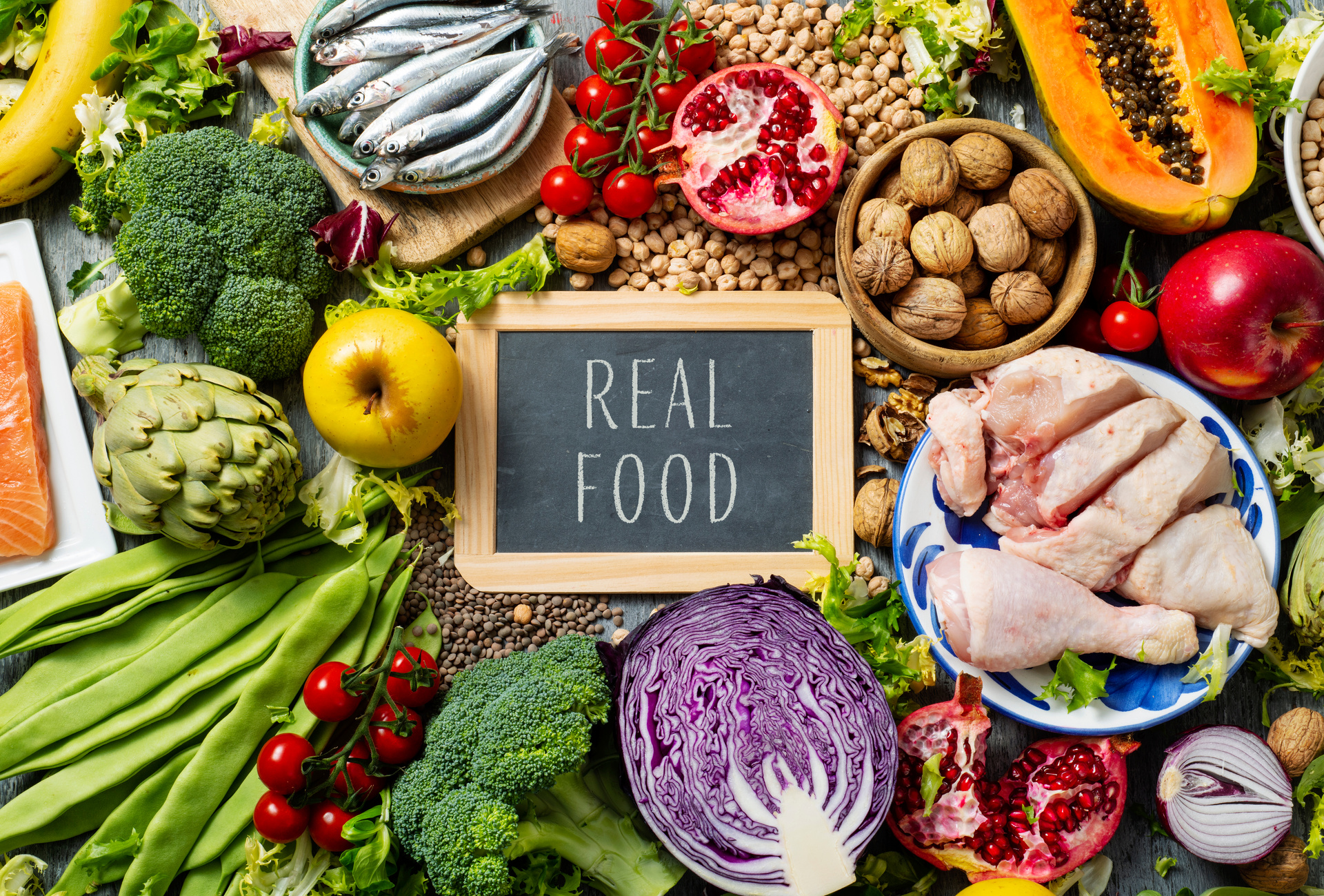 fruits, vegetables, fish, meat and text real food